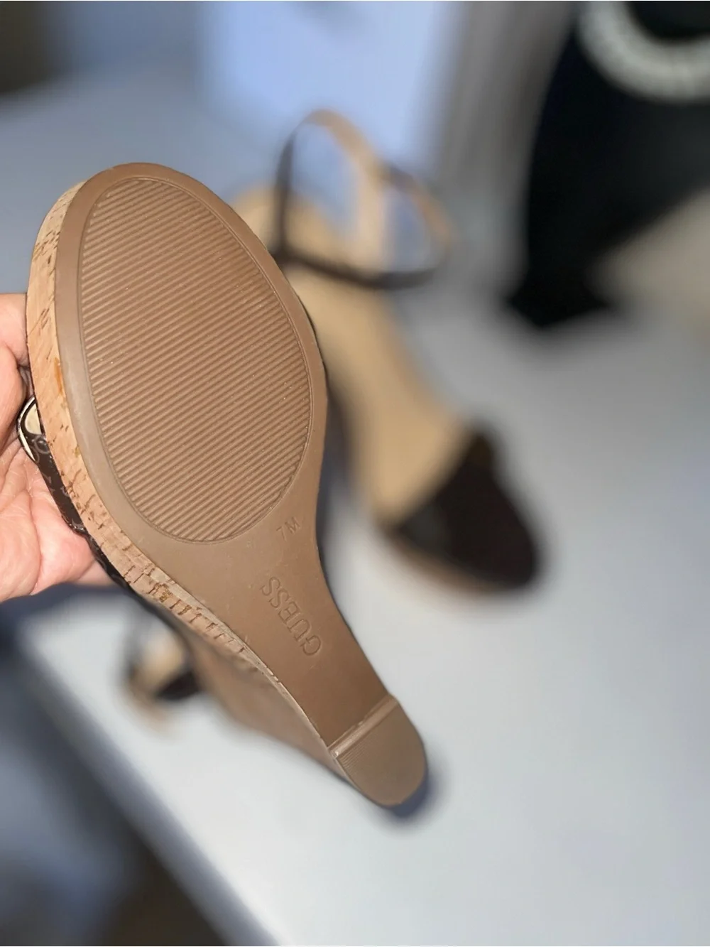 GUESS Brown Logo Cork Wedge Sandals with Ankle Strap
